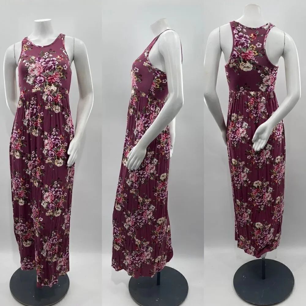 Grecerelle Floral Burgundy Pink Racerback Maxi Dress Size: XS